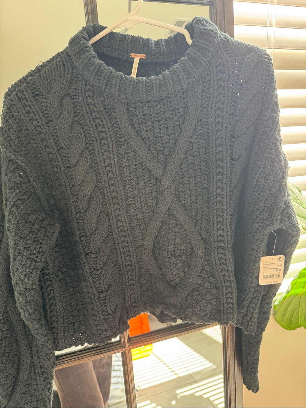 Free People Black Cable Crewneck Sweater